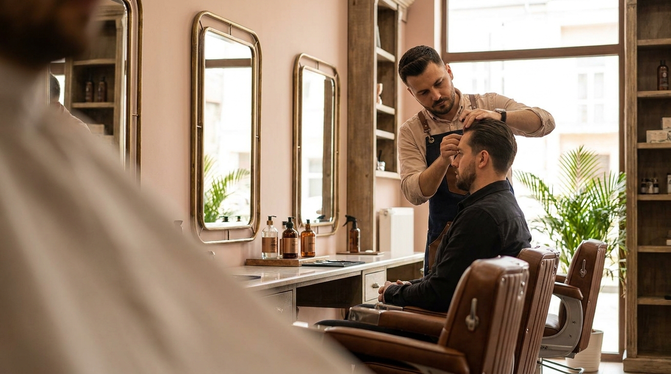 Salon Main Stage Barber Academy – interior elegant cu scaune și oglinzi
